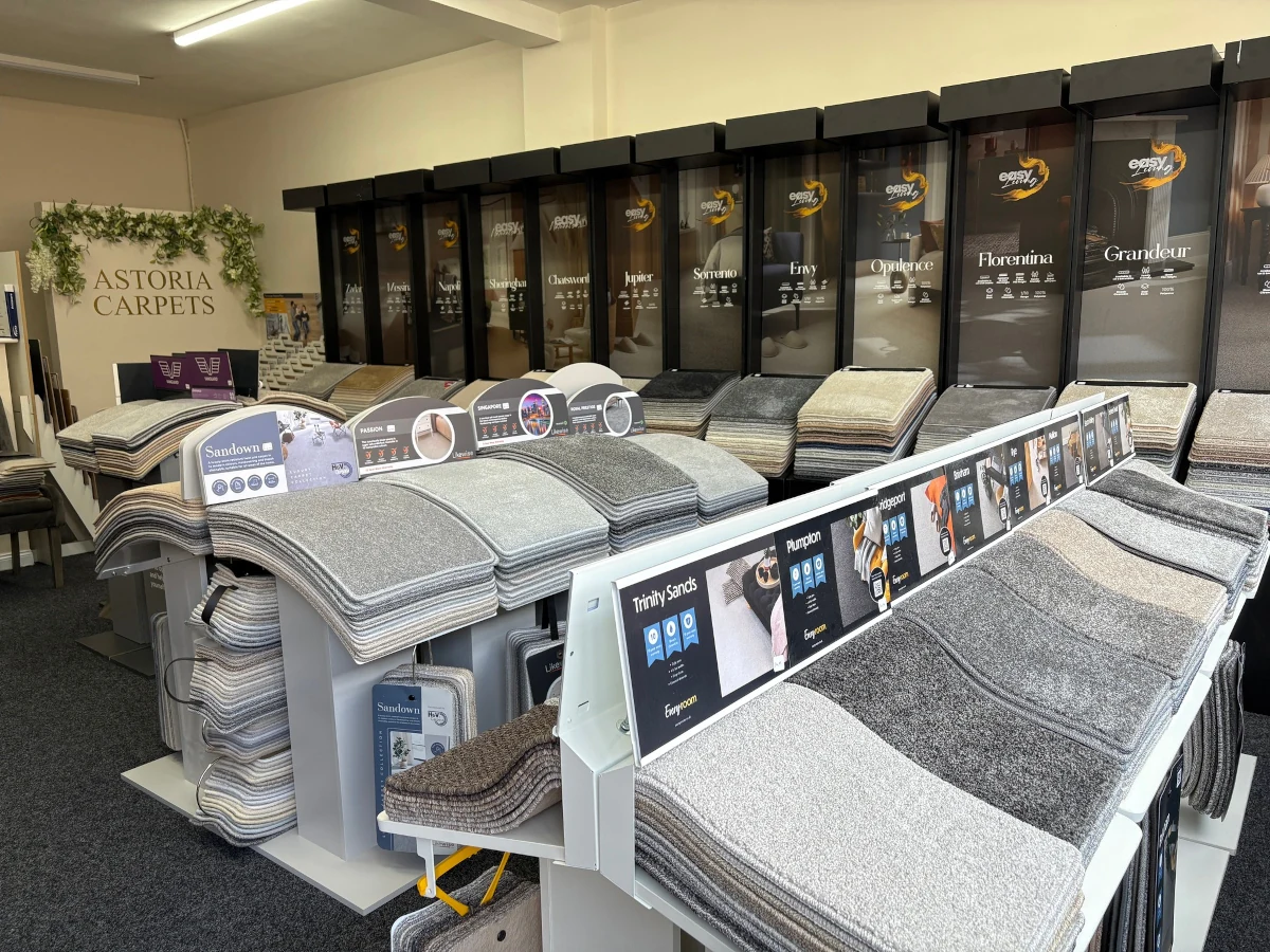 Carpet pile type samples on showroom display at Foxglove Flooring Newcastle, carpet fitting specialists