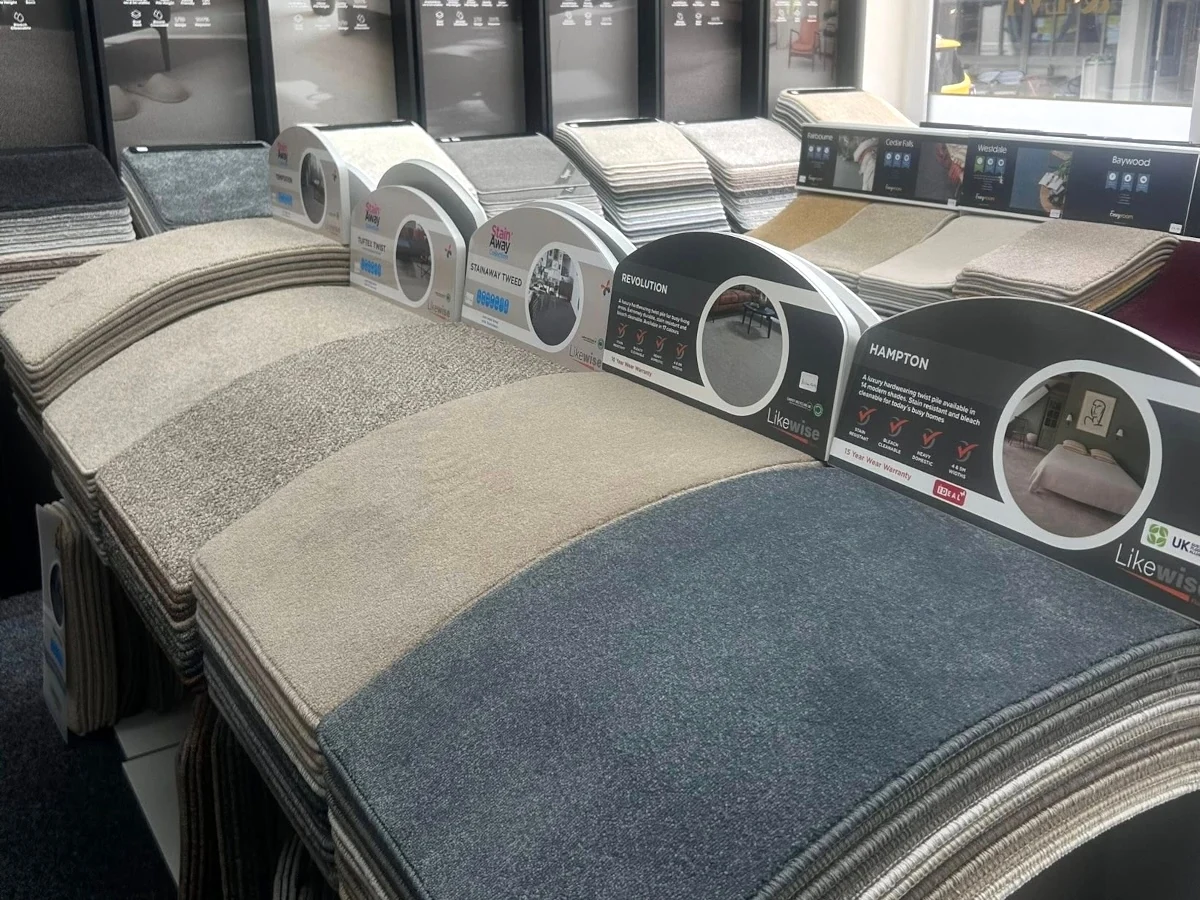 Neutral tone carpet samples on showroom display at Foxglove Flooring Newcastle