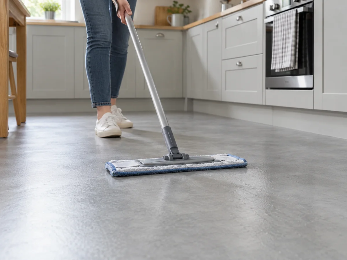 A vinyl kitchen floor being cleaned with a mop