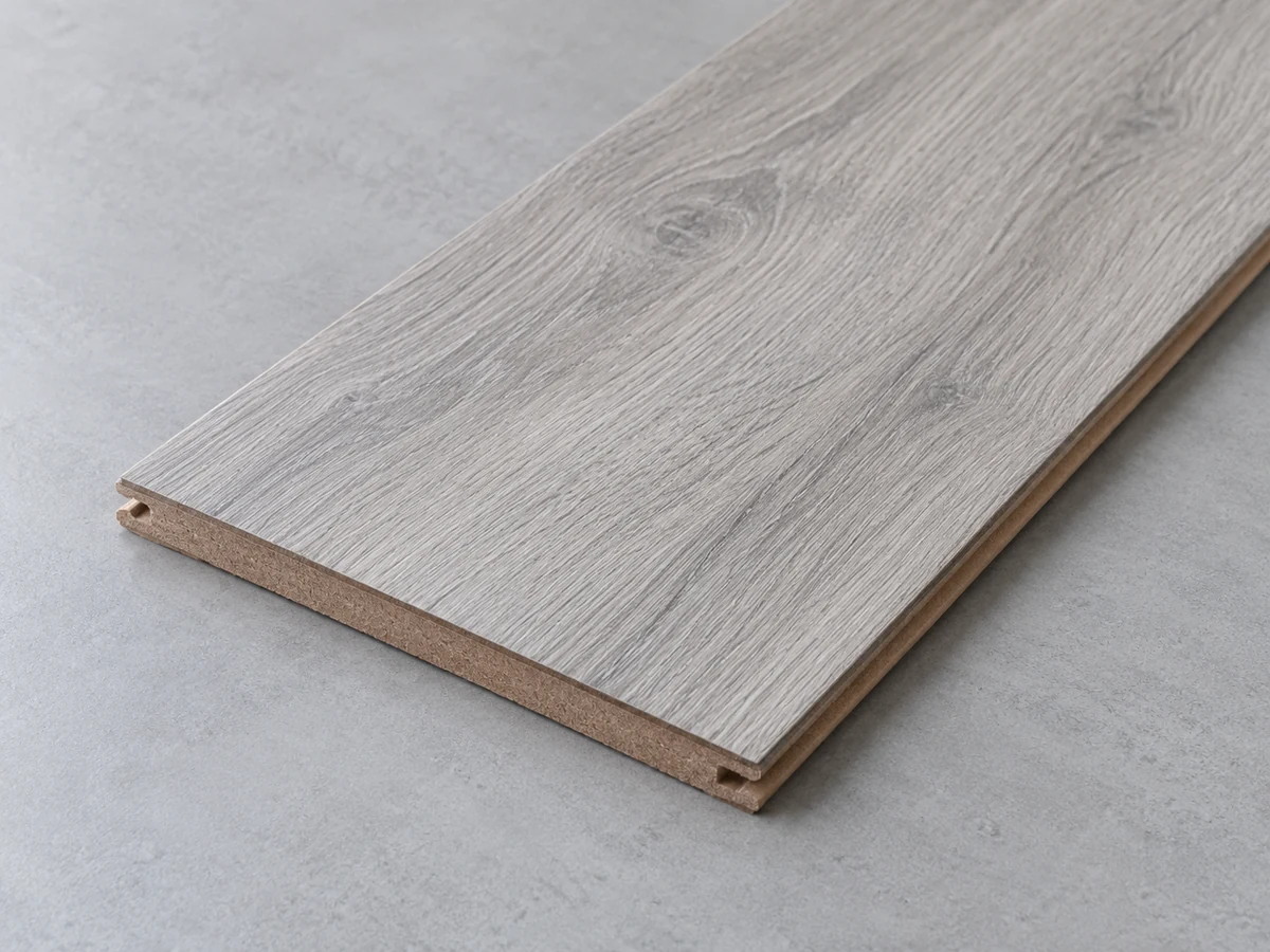 AI illustration of a grey wood-effect laminate board with a fibreboard core