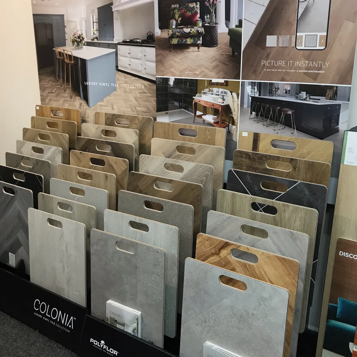 lvt-sample-stands-newcastle-foxglove-flooring LVT sample boards ready to compare, Newcastle