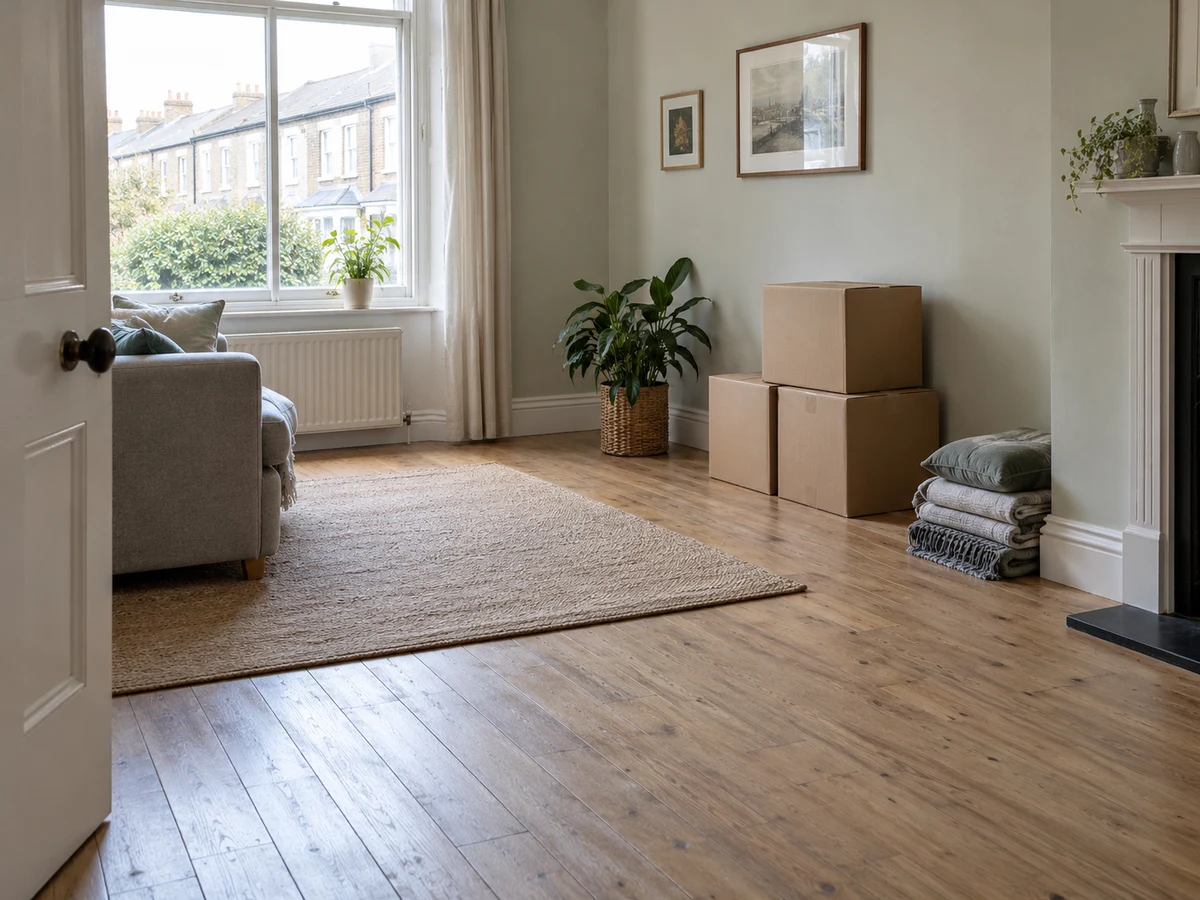Illustration of belongings boxed up and furniture moved aside before flooring