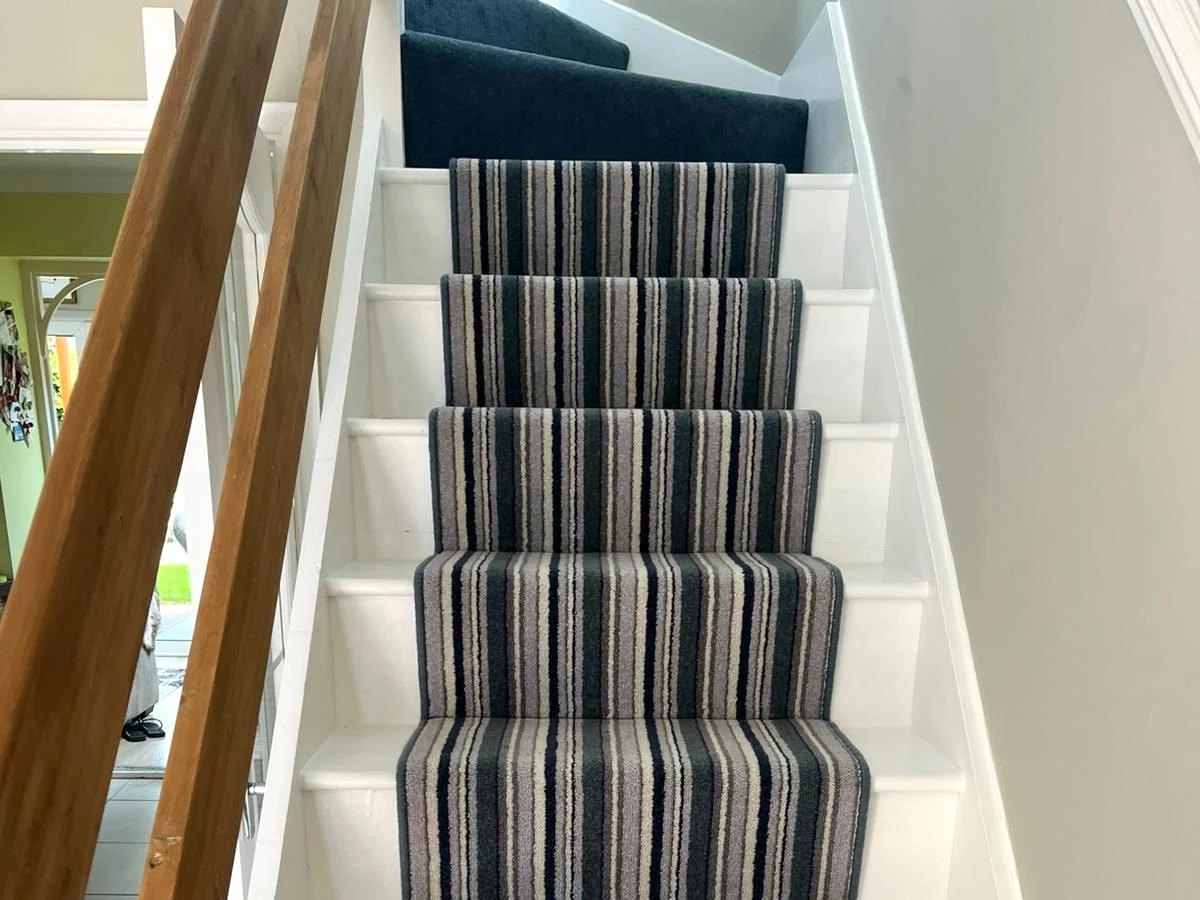 staircase-carpet-runner-striped-fitted-jesmond-newcastle-foxglove-flooring Striped runner with brass-look rods, Jesmond, Newcastle