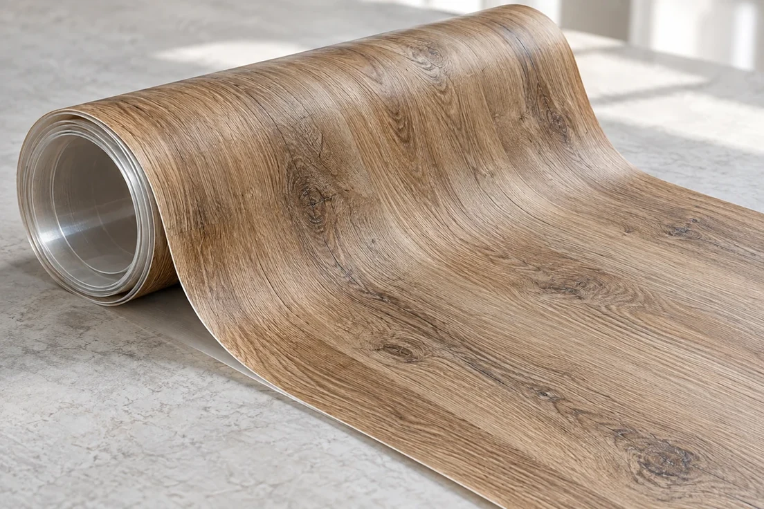 A roll of wood-effect sheet vinyl